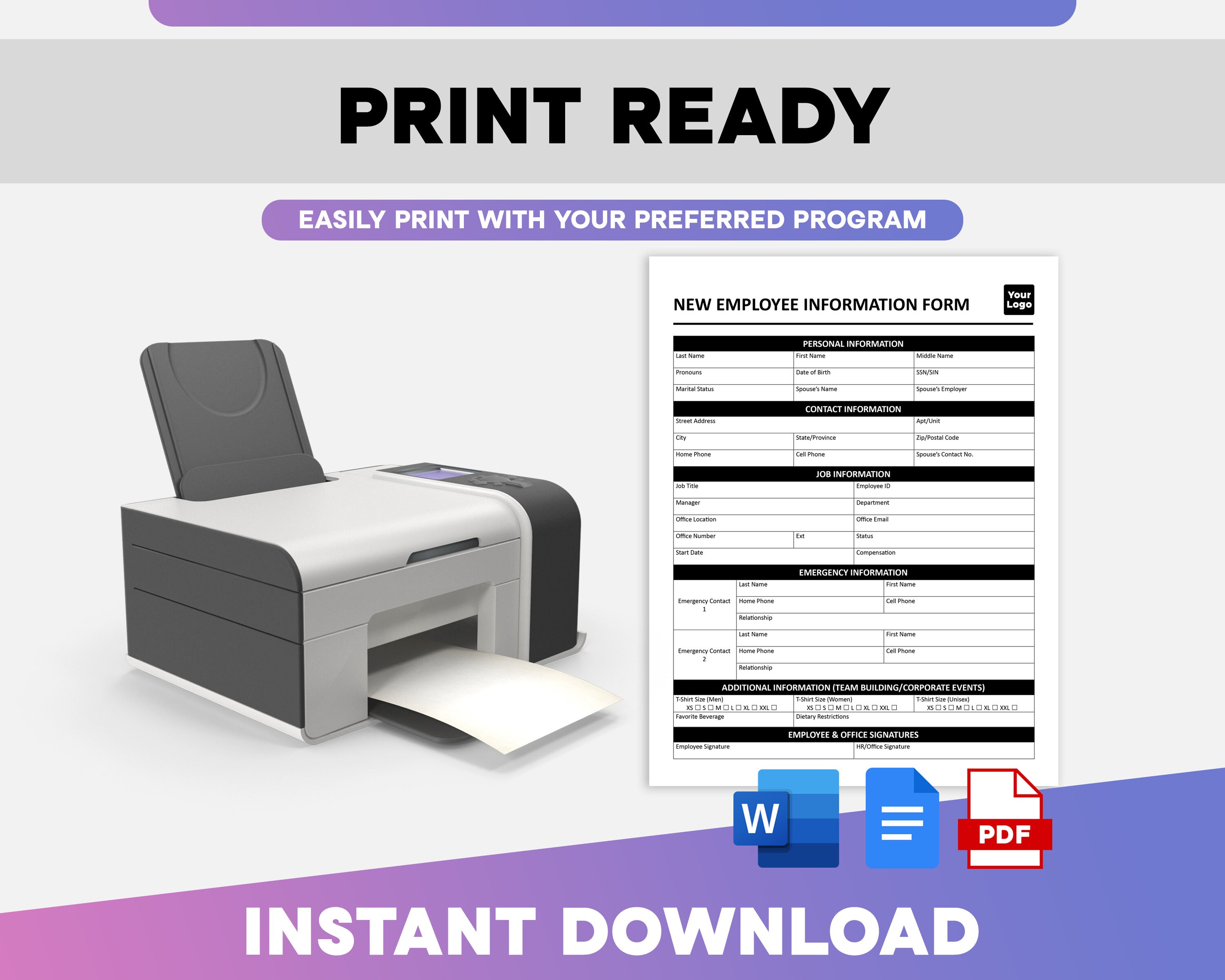 New Employee Information Form | New Hire Form Paperwork | HR Template ...
