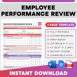 Puede incluir: Una plantilla de revisión de desempeño de empleados de 3 páginas en un esquema de color rosa y blanco. La plantilla es totalmente editable, personalizable y lista para imprimir. Es compatible con Microsoft Word, Google Docs y PDF. La plantilla incluye secciones para información del empleado, objetivos y objetivos, logros y creación de valor, desafíos, habilidades laborales y competencias, y habilidades técnicas.