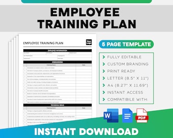 May include: A 5-page employee training plan template in a printable format. The template is fully editable and customizable. The template is compatible with Microsoft Word, Google Docs, and PDF. The template includes sections for employee information, onboarding, and technical skills.