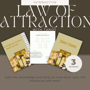 Op de afbeelding: Interactieve wet van aantrekkingskracht gids met tarotkaarten. De gids bevat drie lezingen en instructies over het gebruik van de kaarten. De gids is geïllustreerd met een vintage afbeelding van een persoon die een lantaarn vasthoudt.