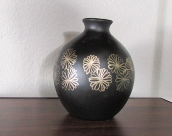 Hand Painted Black Vase with Bronze Flowers