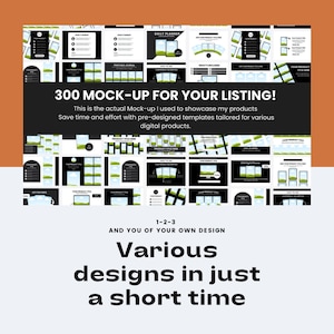 May include: A collection of 300 mock-up templates for showcasing digital products. The templates feature various designs with black and white backgrounds and green accents. The text "300 MOCK-UP FOR YOUR LISTING!" is displayed in bold white letters on a black background.
