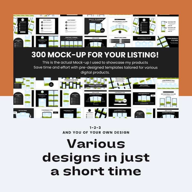 May include: A collection of 300 mock-up templates for showcasing digital products. The templates feature various designs with black and white backgrounds and green accents. The text "300 MOCK-UP FOR YOUR LISTING!" is displayed in bold white letters on a black background.