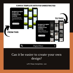 May include: A graphic showing a before and after image of a Canva template. The before image shows a black background with a white phone mockup with a green and white landscape. The after image shows a black background with a white phone mockup with a variety of images. The text on the graphic reads "CANVA TEMPLATE WITH PLR UNRESTRICTED", "Navigate the digital frontier with confidence and creativity", "FROM THIS", "TO THIS!" and "Digital Base".