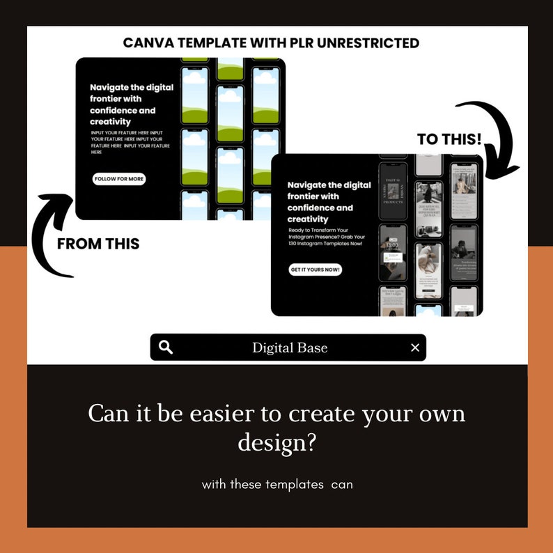 May include: A graphic showing a before and after image of a Canva template. The before image shows a black background with a white phone mockup with a green and white landscape. The after image shows a black background with a white phone mockup with a variety of images. The text on the graphic reads "CANVA TEMPLATE WITH PLR UNRESTRICTED", "Navigate the digital frontier with confidence and creativity", "FROM THIS", "TO THIS!" and "Digital Base".