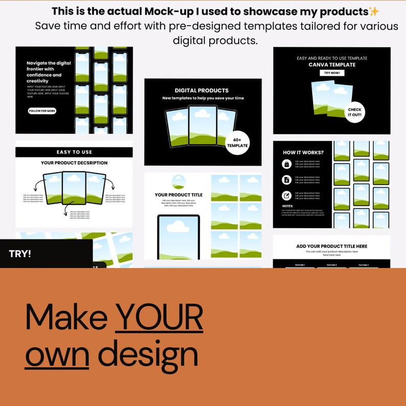 May include: A mockup of a digital product template with a black background and green and blue landscape illustrations. The text "Easy and Ready to Use Template Canva Template" is at the top of the image. The text "Try Now!" is below the template name. The text "Check it Out!" is at the bottom of the image. The text "Digital Products" is in a white box with a black background. The text "New templates to help you save your time" is below the title. The text "40+ Template" is in the bottom right corner of the image. The text "How it Works?" is in a white box with a black background. The text "Notes" is below the title. The text "Add Your Product Title Here" is in a white box with a black background. The text "Make Your Own Design" is at the bottom of the image.