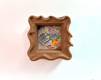 Ręcznie robiona rama do zdjęć z litego drewna z motywem fal oceanicznych, 3×3 cale, mała kwadratowa ramka na zdjęcia, kolorowa sztuka ścienna, wystrój domu w stylu vintage rokoko
