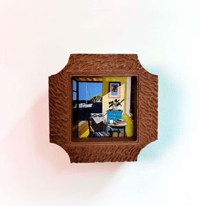 Diorama 3D da appendere alla parete, vista moderna sulla costa dalla finestra, cornice in sapele testurizzato, barca a vela retrò, piccola teca nautica, regalo per casa al mare