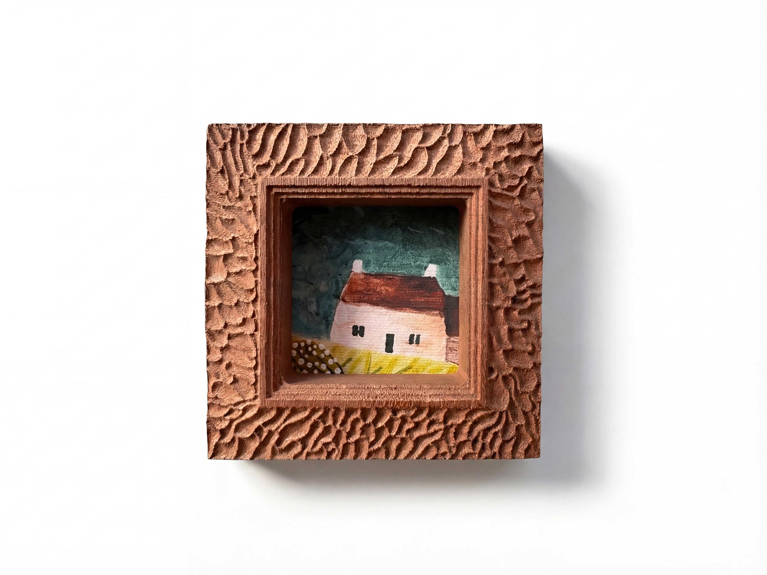 Hand Carved Rustic Shadow Box With Vintage Cottage Print , Small ...