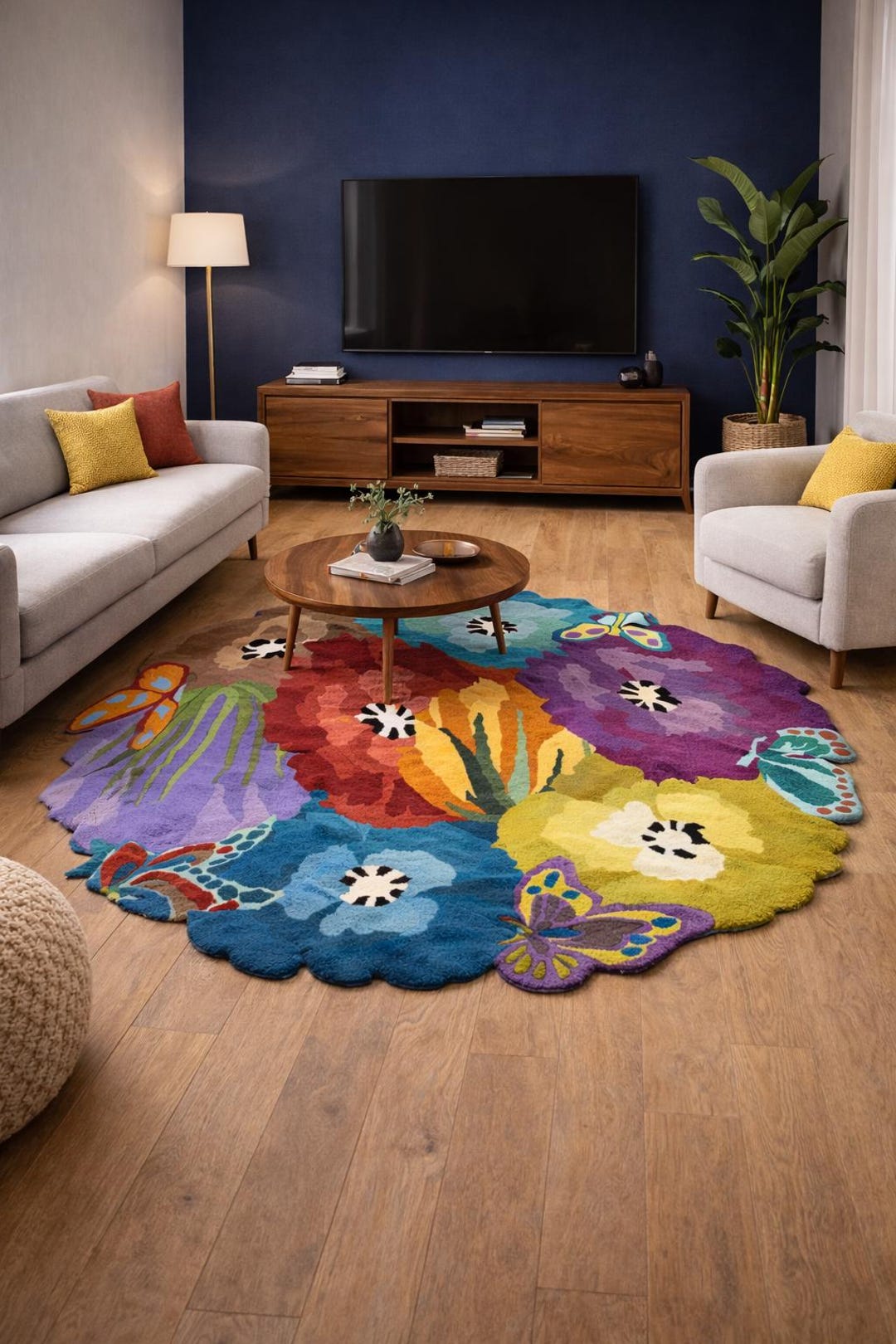 Hand Tufted Wool Flower Rug – Colorful Butterfly Botanical Carpet - Etsy