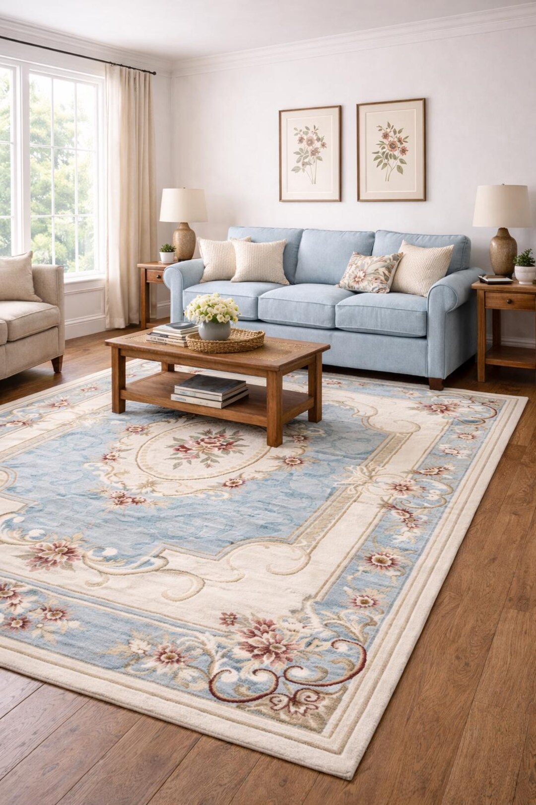 Hand Tufted Wool Aubusson Rug – French Floral, Blue & Ivory - Etsy