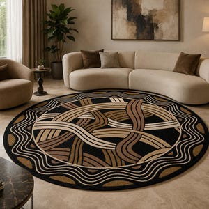 May include: A large circular area rug featuring a black background with an intricate pattern of interwoven wavy lines in shades of beige, tan, and dark brown. The border consists of concentric wavy bands in alternating colors of black, tan, and beige.