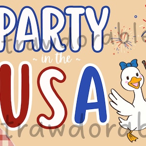 Könnte beinhalten: Ein grafisches Design mit dem Text PARTY in the USA in roter, weißer und blauer Schrift. Zwei weiße Cartoon-Gänse sind abgebildet, eine mit einer blauen Schleife und die andere mit einem patriotischen Zylinder und einer Fliege.