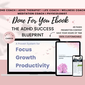 May include: A laptop computer screen displaying a pink and white design with the text "Done For You Ebook" and "The ADHD Success Blueprint". The screen also shows the text "Focus, Growth, Productivity". A tablet and a smartphone are also shown, both displaying a pink and white design with the text "Understanding ADHD".