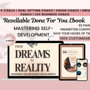 May include: An ebook cover design with the title "Resellable Done For You Ebook" and the subtitle "Mastering Self-Development." The design includes a laptop, tablet, and smartphone displaying the ebook's content. The text includes "From Dreams to Reality" and "100% Customizable."
