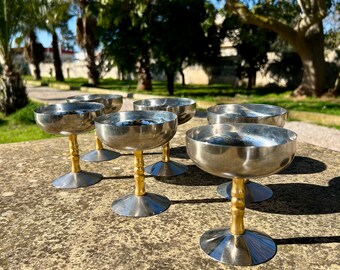 Vintage large ice cream sorbet dessert bowls silver coloured stainless steel 18/10 gold coloured stem Italy inox