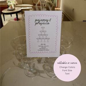 Pyjamas und Prosecco Junggesellinnenabschied einladen, Pyjama-Party-Einladung, Sleepover-Menü, Prosecco-Verkostungsmenü, anpassbarer Canva-Download