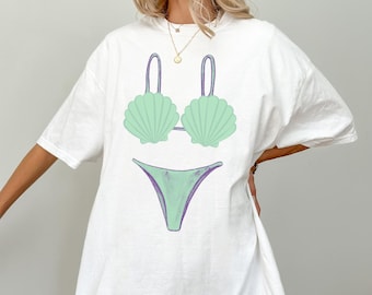 Bikinishirt zeeschelp, groen badpak, badmode schelpen, zeemeermin esthetiek, bijpassende bikini's, schelpen en bruiloftsklokken Bach-feest
