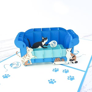 Cats pop up card, Kitten on sofa 3D greeting card, Birthday -Thank you - Special Occasion gift