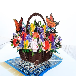Tarjeta emergente Mix Flower Basket, tarjeta de felicitación 3D de rosa y mariposa, cumpleaños- San Valentín - Aniversario de boda- Gracias- Regalo del día de la madre