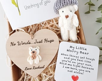 3D Bear Hug Gift: Engraved Wooden Heart - Thinking of You