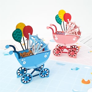 Carte de voeux 3D pour poussette de bébé, carte de baby shower garçon / fille - faire-part de nouveau-né - 1er anniversaire, cadeaux pour petits-enfants