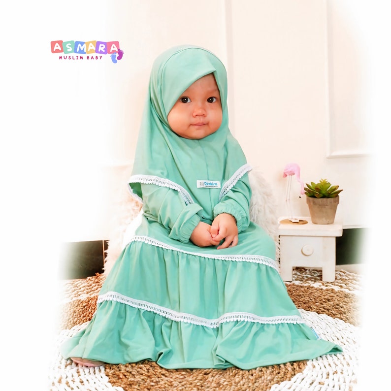Baby Toddlers Children Robe Muslim Abaya Sets BLUE Muslim Daily Dress Muslim Baby Hijab 0-3 Years Abaya Children Hijab For Girl image 2