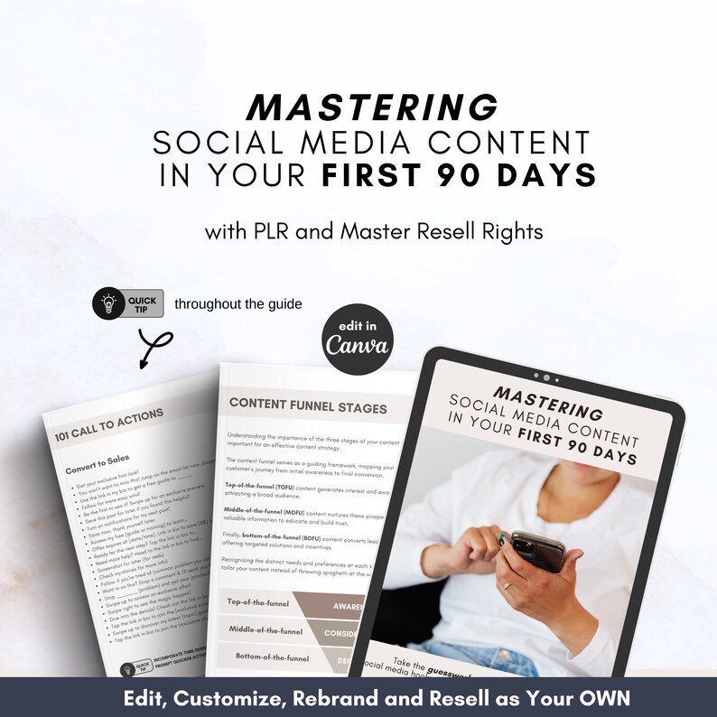 May include: A digital marketing guide titled "Mastering Social Media Content in Your First 90 Days." The image features a tablet and printed pages with content funnel stages and call to actions. The guide is editable in Canva.