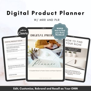 Könnte beinhalten: Ein digitaler Produktplaner mit grauem und weißem Design. Der Planer trägt den Titel "Digital Product Planner" und enthält ein Bonus-Arbeitsbuch mit dem Titel "So finden Sie Ihre Nische".