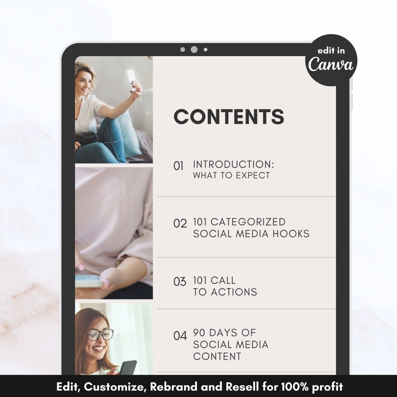 May include: A digital tablet displays a presentation titled "CONTENTS" with sections on social media hooks and calls to action. The Canva logo is in the upper right corner. The bottom of the image reads "Edit, Customize, Rebrand and Resell for 100% profit."