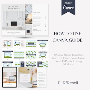 Puede incluir: Imagen de marketing digital que presenta una "Guía de uso de Canva". La imagen incluye una maqueta de libro electrónico, un cuaderno de trabajo y maquetas de listados de productos. La guía enseña los conceptos básicos de Canva.