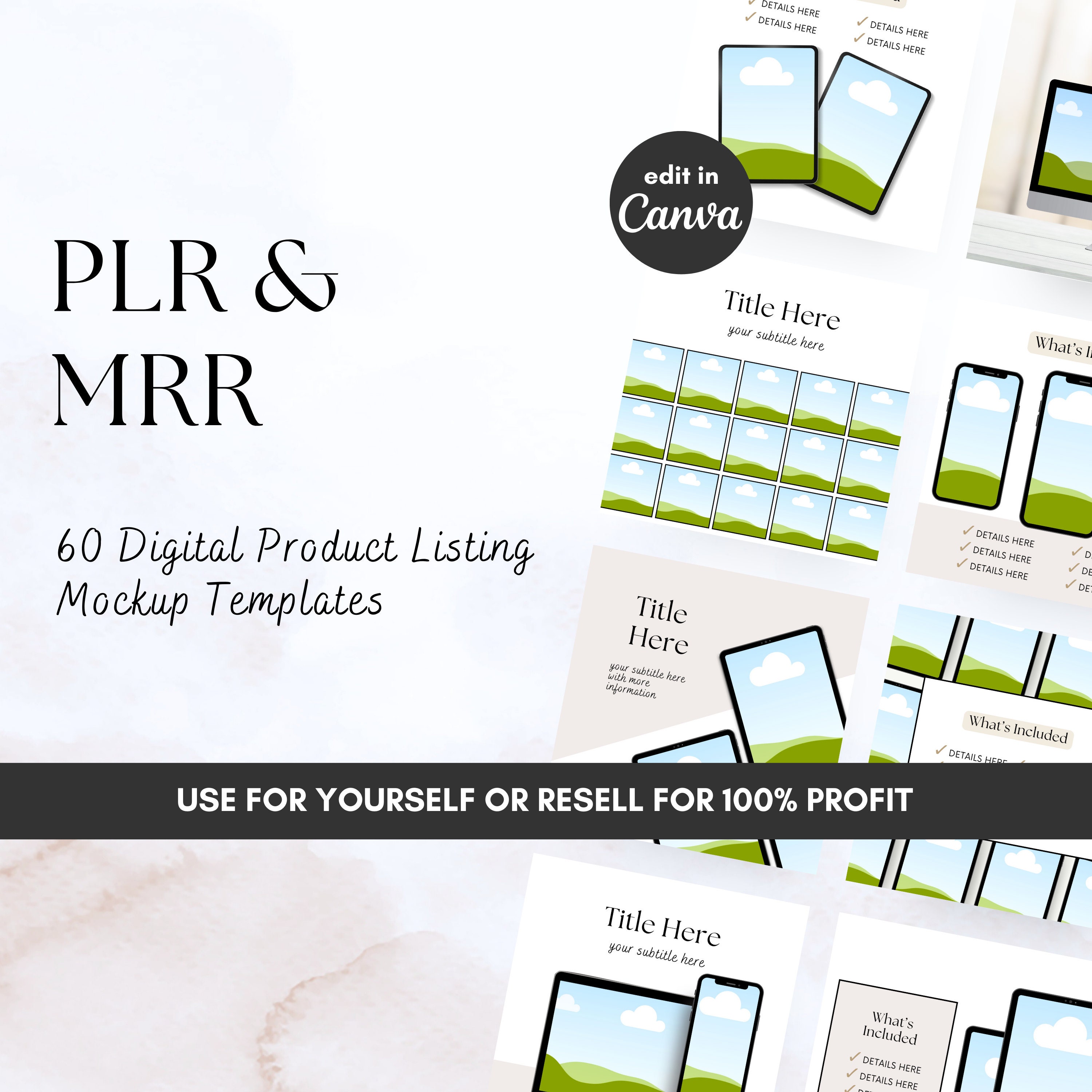 60 Digital Product Mockups With PLR and MRR, Customizable Canva Mockup ...