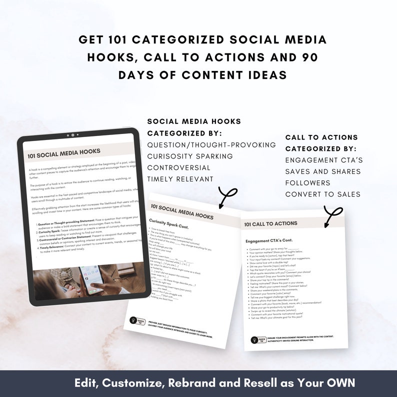 May include: A digital marketing resource with the text "GET 101 CATEGORIZED SOCIAL MEDIA HOOKS, CALL TO ACTIONS AND 90 DAYS OF CONTENT IDEAS." The image includes a tablet and two open documents with lists of social media hooks and call to actions.