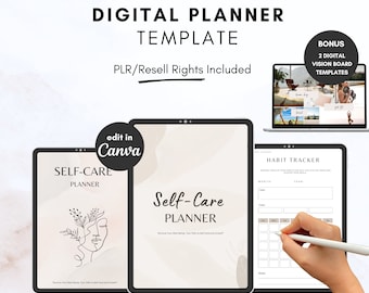 Plantilla de planificador digital de autocuidado PLR para revender, plantilla Canva editable, planificador PLR hipervinculado sin fecha, uso comercial