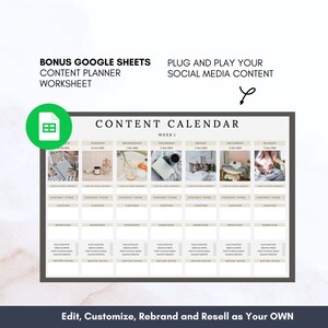 May include: A content calendar template with a neutral color scheme. The calendar is divided into daily sections with spaces for content types, captions, and hashtags. Text includes "Bonus Google Sheets Content Planner Worksheet" and "Plug and Play Your Social Media Content."