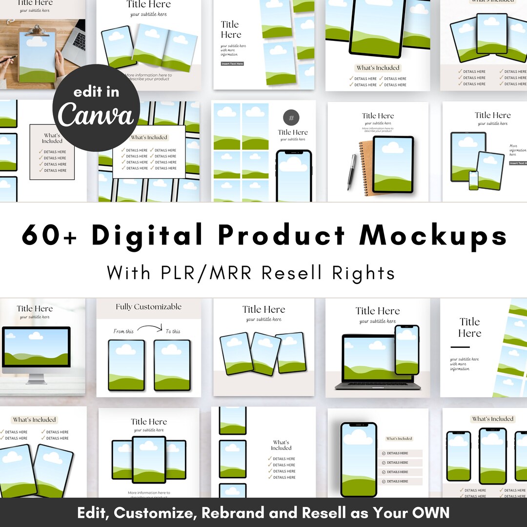 60+ Digital Product Mockups With PLR and MRR, Customizable Canva Mockup ...