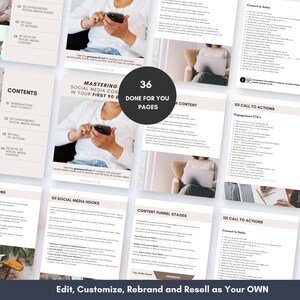 May include: A collection of marketing materials, including a guide titled "Mastering Social Media Content in Your First 90 Days." The materials are white with black text and feature the text "36 Done For You Pages." The image also includes a person holding a smartphone.
