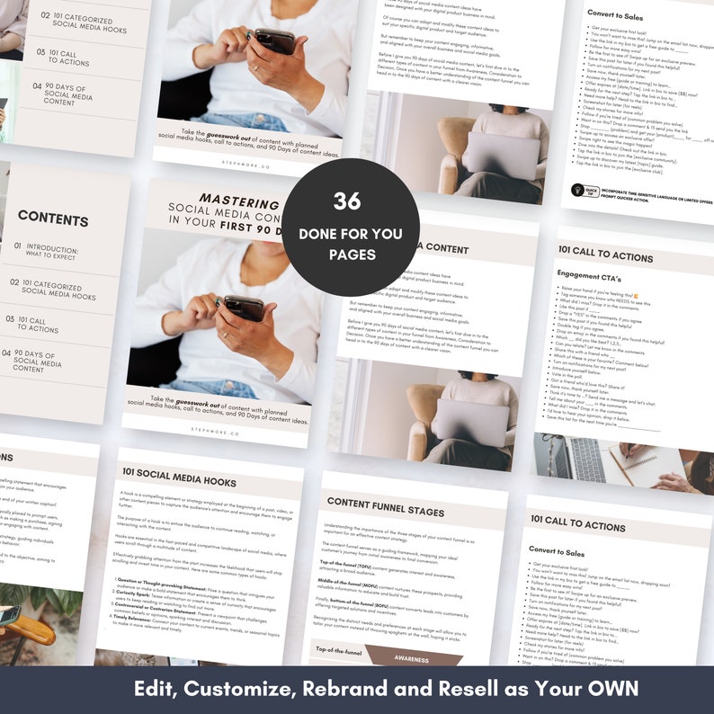 May include: A collection of marketing materials, including a guide titled "Mastering Social Media Content in Your First 90 Days." The materials are white with black text and feature the text "36 Done For You Pages." The image also includes a person holding a smartphone.