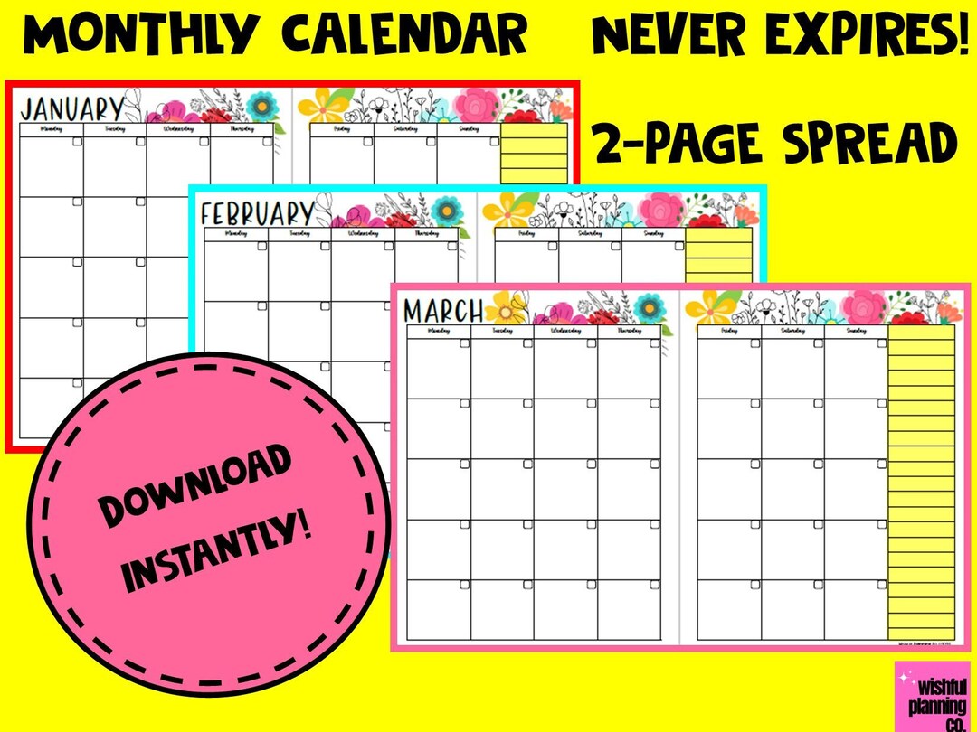 Printable Monthly Calendar, PDF, Instant Download, Letter, Two Page ...