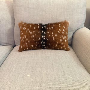 May include: A rectangular throw pillow featuring a brown and white spotted animal hide pattern. The pillow has a distinct dark brown to black vertical stripe running down the center, flanked by brown fur with white spots on both sides.