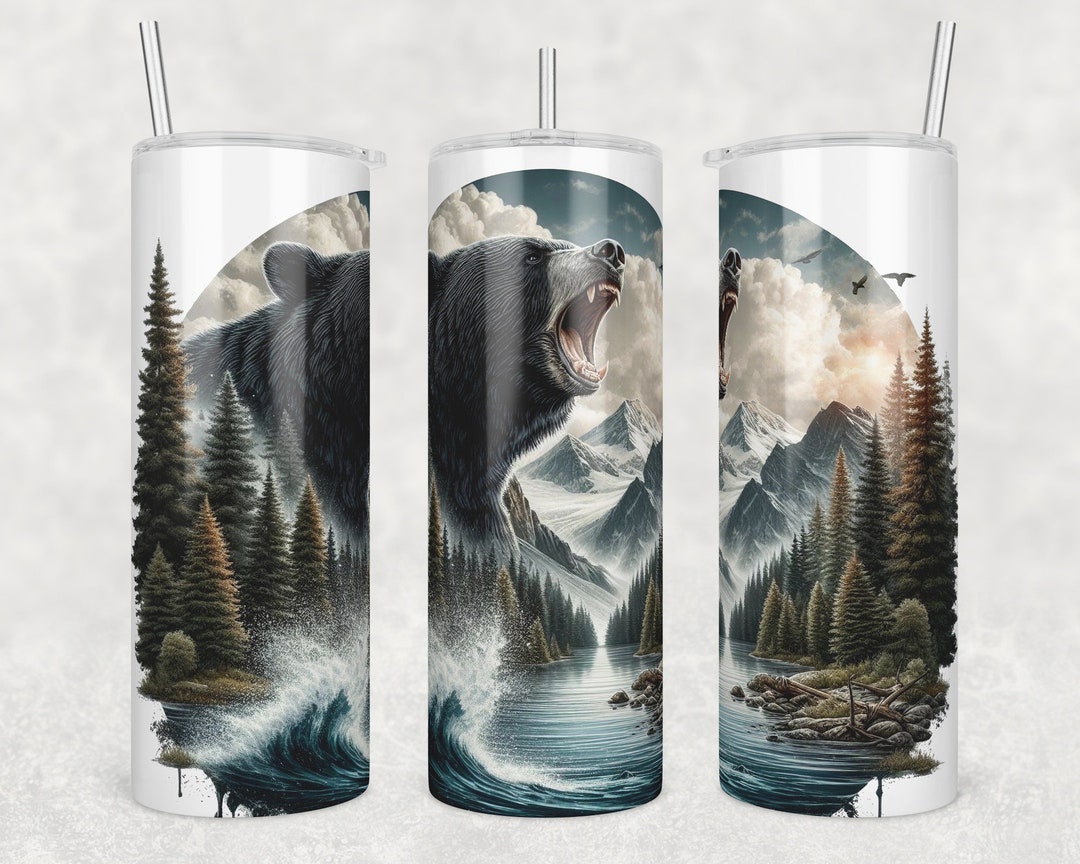 Black Bear Tumbler Png, Forest and Lake Illustration, 20 Oz Skinny ...