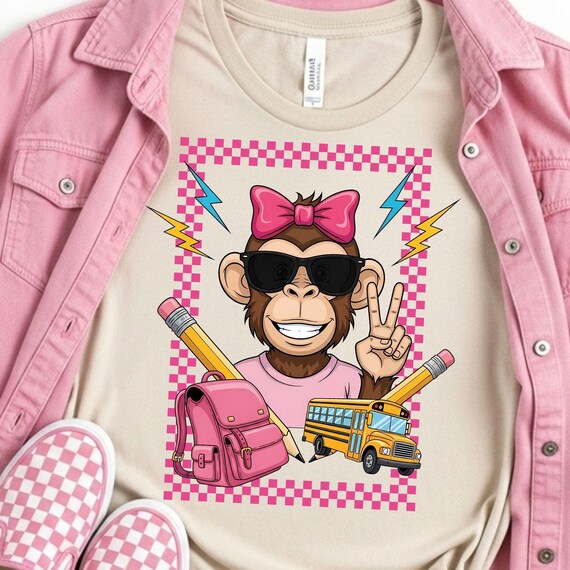Pink Monkey Back to School PNG: Girls' 1st Day Shirt Design