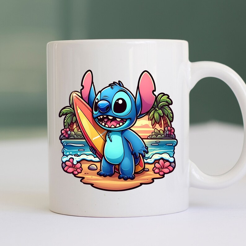 May include: A white ceramic mug with a blue and pink cartoon character holding a yellow surfboard. The character is standing on a beach with palm trees and a sunset in the background.