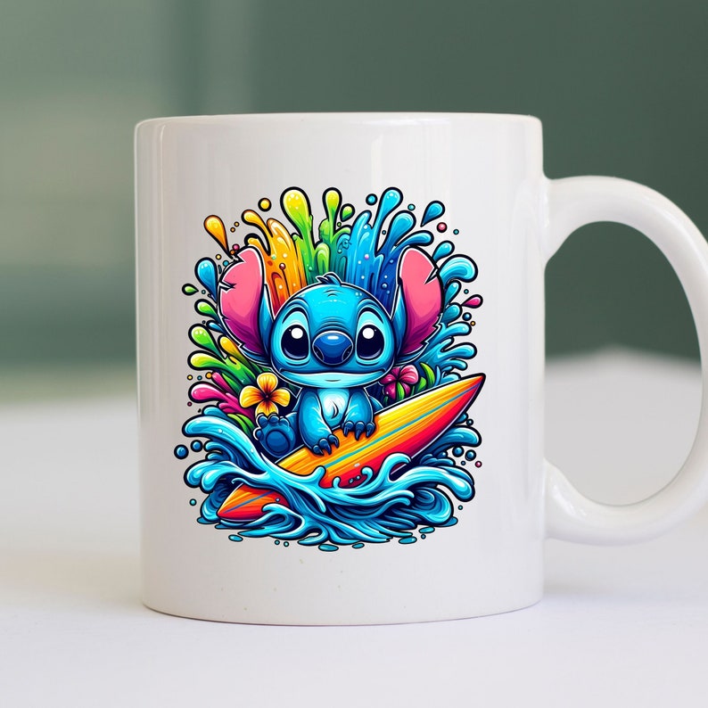May include: A white ceramic mug with a colorful illustration of Stitch from Lilo & Stitch riding a surfboard in a wave. The design features bright colors, including blue, green, yellow, orange, and pink.