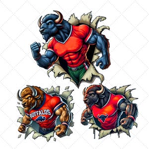 バッファロー マスコット PNG、バッファロー スクール スピリット デザイン、バッファロー スポーツ マスコット、T シャツ昇華デジタル昇華ダウンロード、怒って筋肉