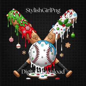 Könnte beinhalten: Festliche Illustration eines Baseballs und gekreuzter Schläger, verziert mit festlichem Zuckerguss und Ornamenten. Die Schläger haben grünen und weißen Zuckerguss, Zuckerstangen und Lebkuchen. Der Baseball hat rote Nähte und blauen Zuckerguss. Der Text lautet "StylishGirlPng" und "Digital Download".