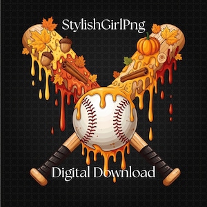 Puede incluir: Ilustración digital de un béisbol con bates cruzados, adornada con elementos temáticos de otoño. Los bates están decorados con hojas, bellotas y una calabaza. Incluye el texto "StylishGirlPng" y "Digital Download".