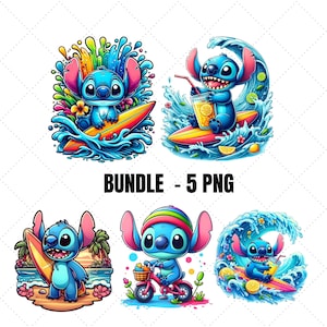 5 Stitch Bundle Png, Stitch surfing on holiday, Sublimation Shirt Png, Digital PNG Download,Stitch Beach, Lemonade, Bicycle and Splash Style