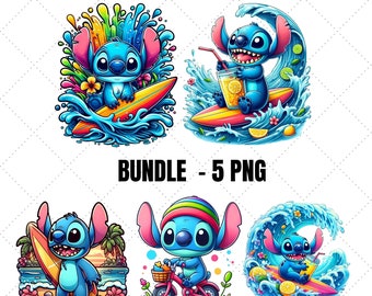 5 Stitch Bundle Png, Stitch surfing on holiday, Sublimation Shirt Png, Digital PNG Download,Stitch Beach, Lemonade, Bicycle and Splash Style