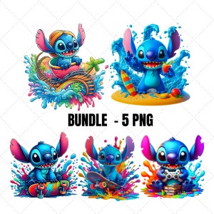 Stitch Bundle 5 Png, Stitch Sublimation Shirt Png, Digital PNG Download, Stitch Beach, Game, Skateboard and Watercolor Splash Style,